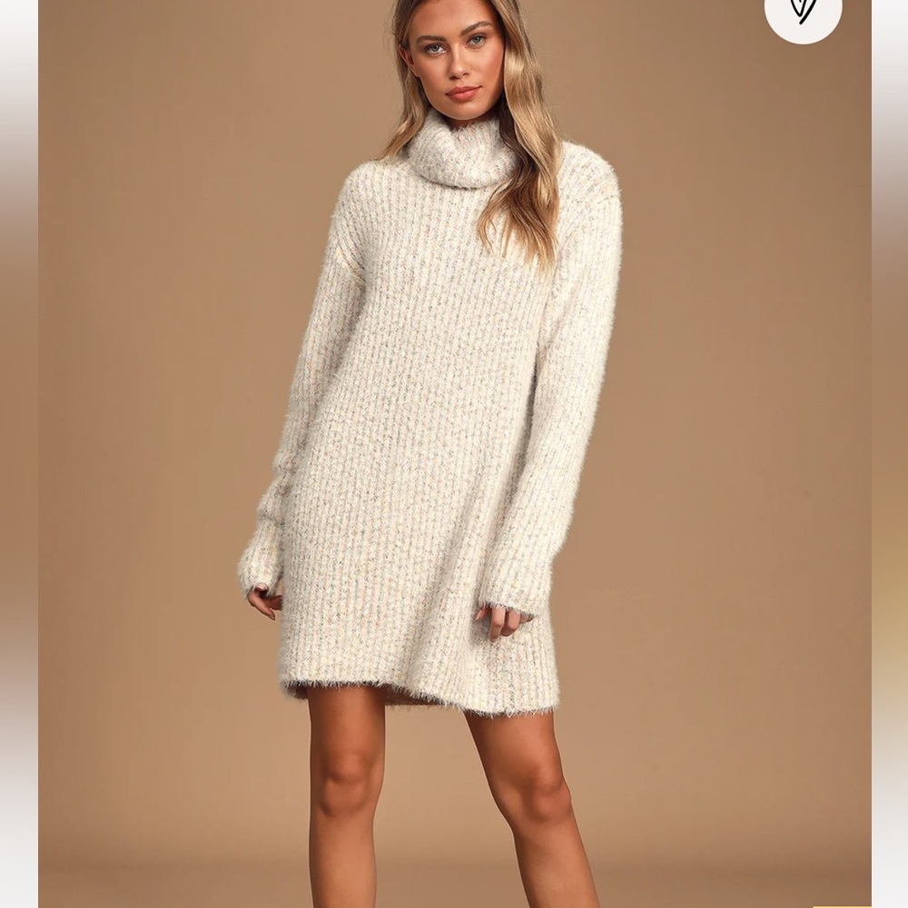 NEW Lulu's Sweet Whispers Ivory Multi Eyelash Knit Sweater Dress Size Small NWOT